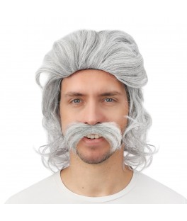 Perruque mi-longue grise avec moustache