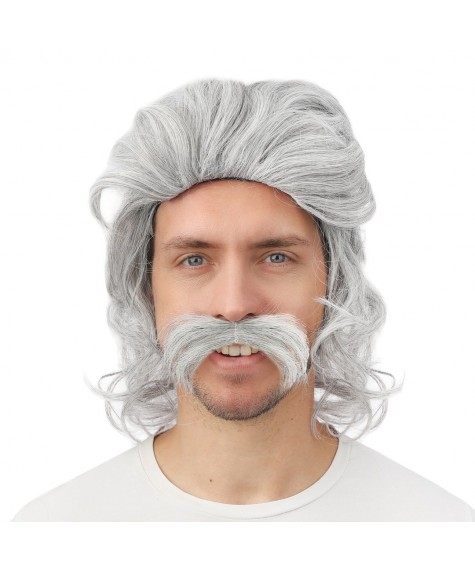 Perruque mi-longue grise avec moustache