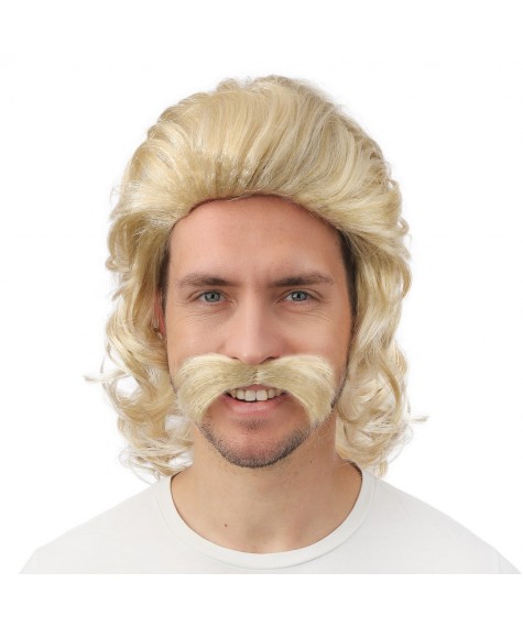 Perruque mi-longue blonde avec moustache