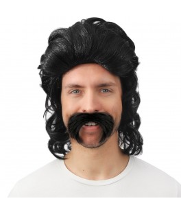 Perruque mi-longue noire avec moustache