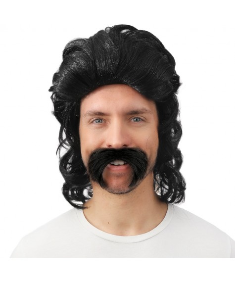 Perruque mi-longue noire avec moustache