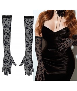 Gants dentelle fleurs noir