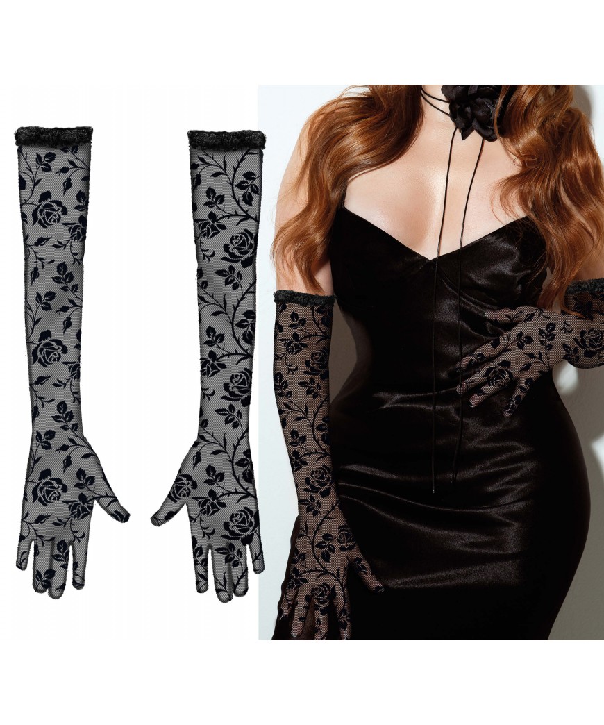 Gants dentelle fleurs noir