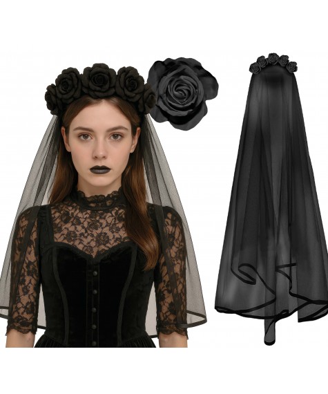 Serre-tête fleurs voile noir