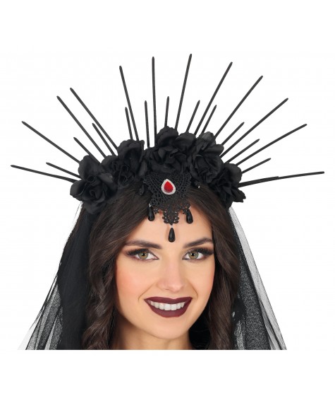 Diadème voile fleurs noires
